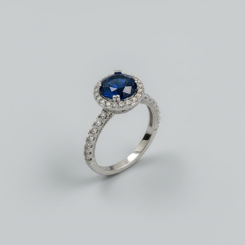 Silver Zircon Blue Round Ring