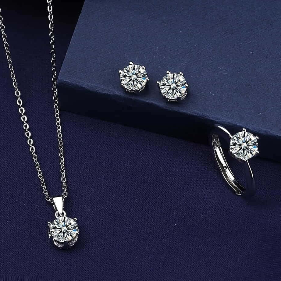 Luxury Round Silver Stone Pendant Set