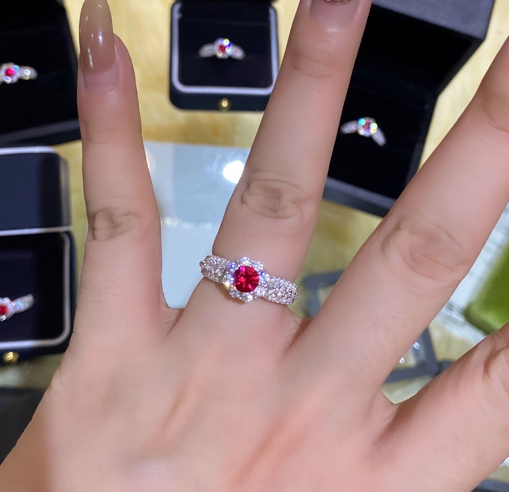 Round Red Zircon Ring Adjustable